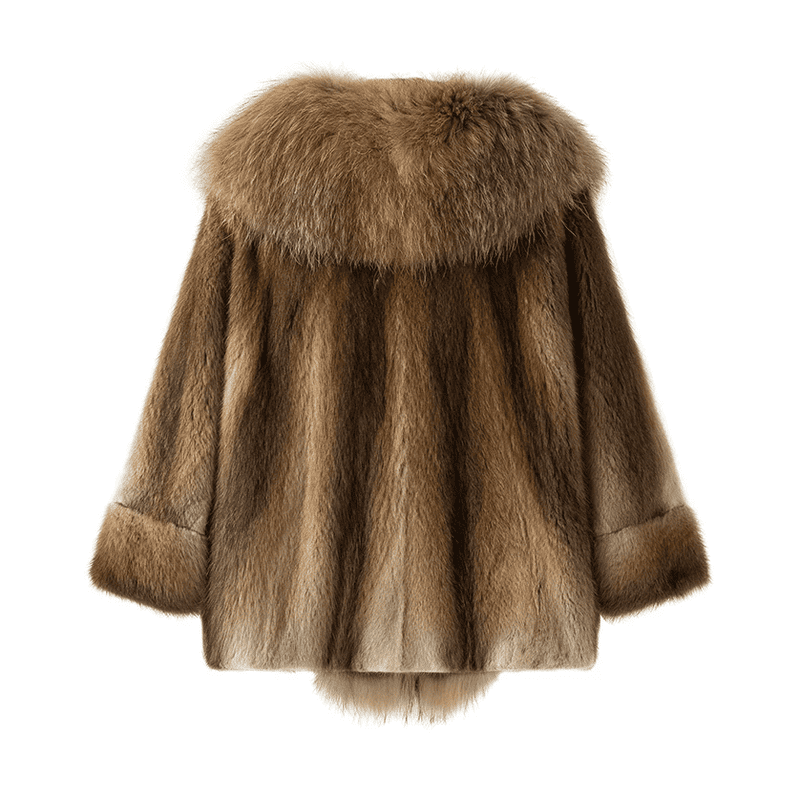 Short Faux Mink Fur Jacket with Raccoon Fur Collar -主2