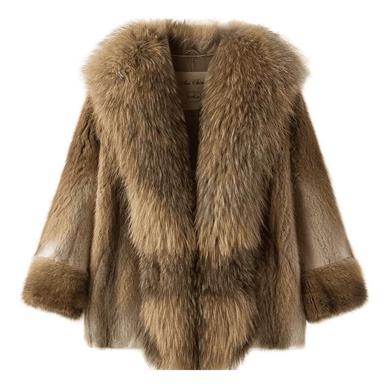 Short Faux Mink Fur Jacket with Raccoon Fur Collar -主1