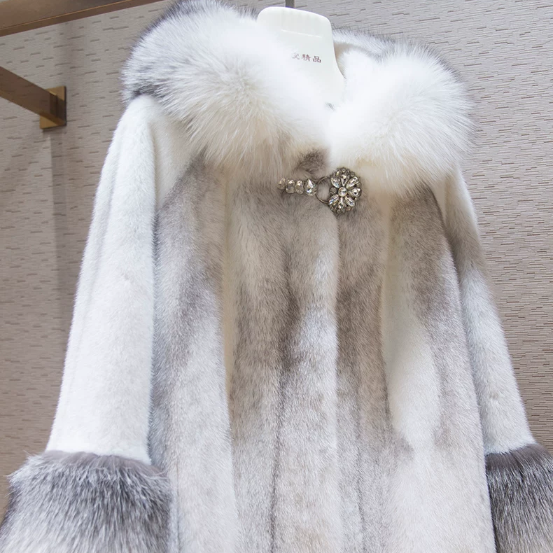 Long Hooded Faux Mink Coat with Fox Fur Trim (1)