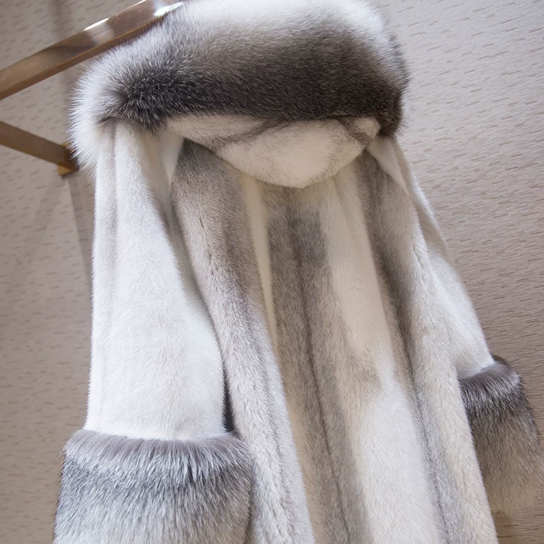 Long Hooded Faux Mink Coat with Fox Fur Trim (2)