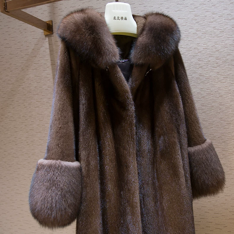 Long Hooded Faux Mink Coat with Fox Fur Trim (6)